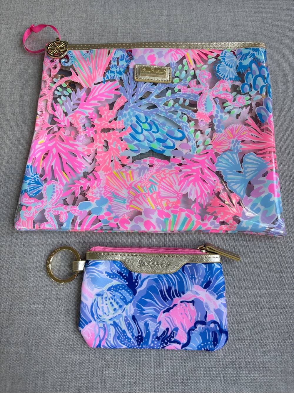 Lilly Pulitzer Pink, Blue & Gold Floral Cosmetic Pouch and coin purse